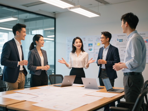 团队工作场景,年轻专业团队在现代化办公室讨论项目,蓝色背景,明亮自然光